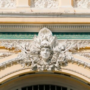 Detailed view of an ornate architectural facade exhibiting classic and elegant designs.