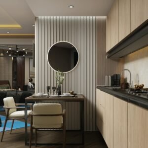 Sleek modern kitchen with minimalist design and elegant dining setup. Perfect for urban lifestyle imagery.